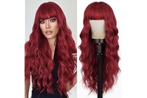 Lativ Red Wig With Bangs Long Red Wigs for Women 26 Inches Curly Wavy Hair Natural Looking Heat Resistant Fiber Wig for Girls Halloween Party Use