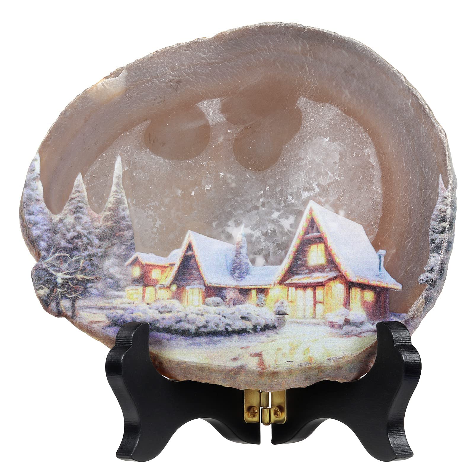 KYEYGWO Natural Irregular Agate Slice Painting Decor with Wooden Stand Agate Geode Slab for Desk Hallway, Snowy Night