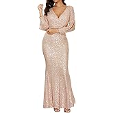 Women's V Neck Long Sleeve Glitter Sequins Mermaid Evening Gown Dress