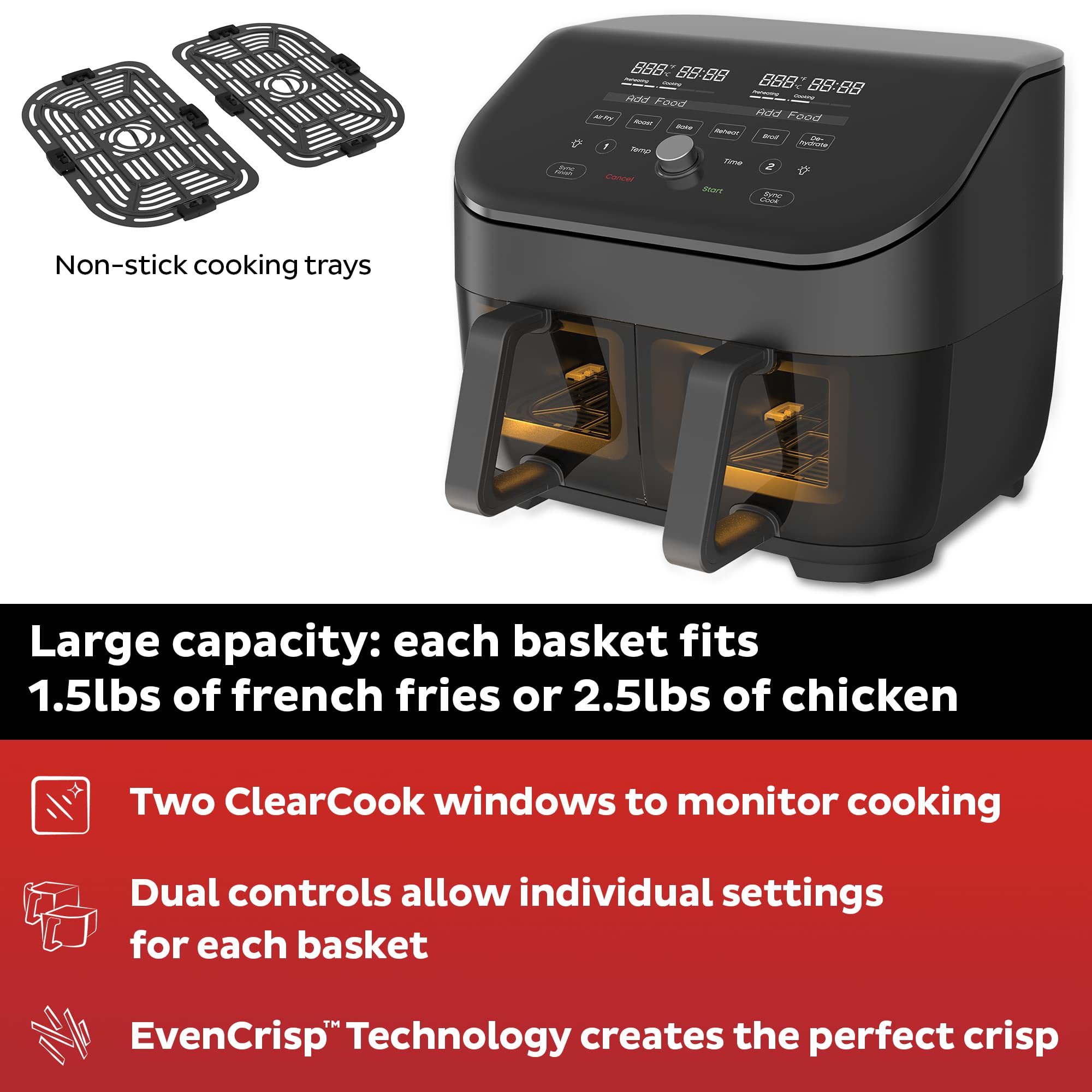 Freidora de aire Instant Pot Vortex Plus XL 8QT ClearCook, ventanas transparentes, programación personalizada, funciones 8 en 1 que fríen, asan, deshidratan, hornean y recalientan, de los creadores de Instant Pot, negro