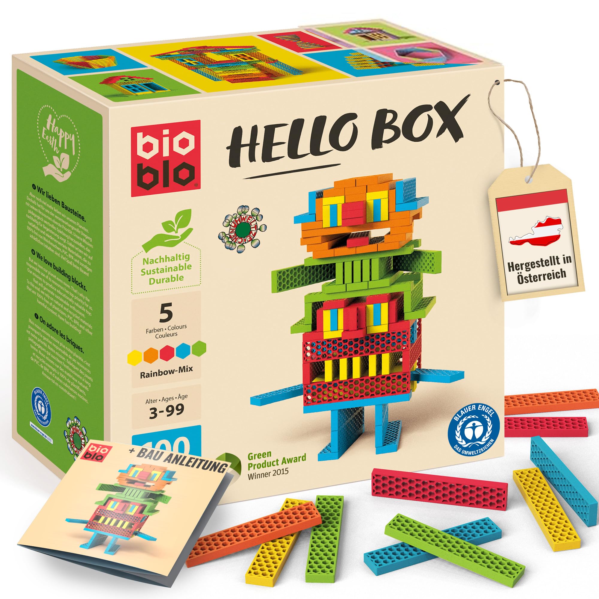 bioblo Sustainable Wooden Blocks Hello Box Rainbow Pack of 100 | Stone Building Kit Children, Blocks, Gift for Family, Children Gift Christmas, Christmas, Children, Craft Blocks, Games from 3