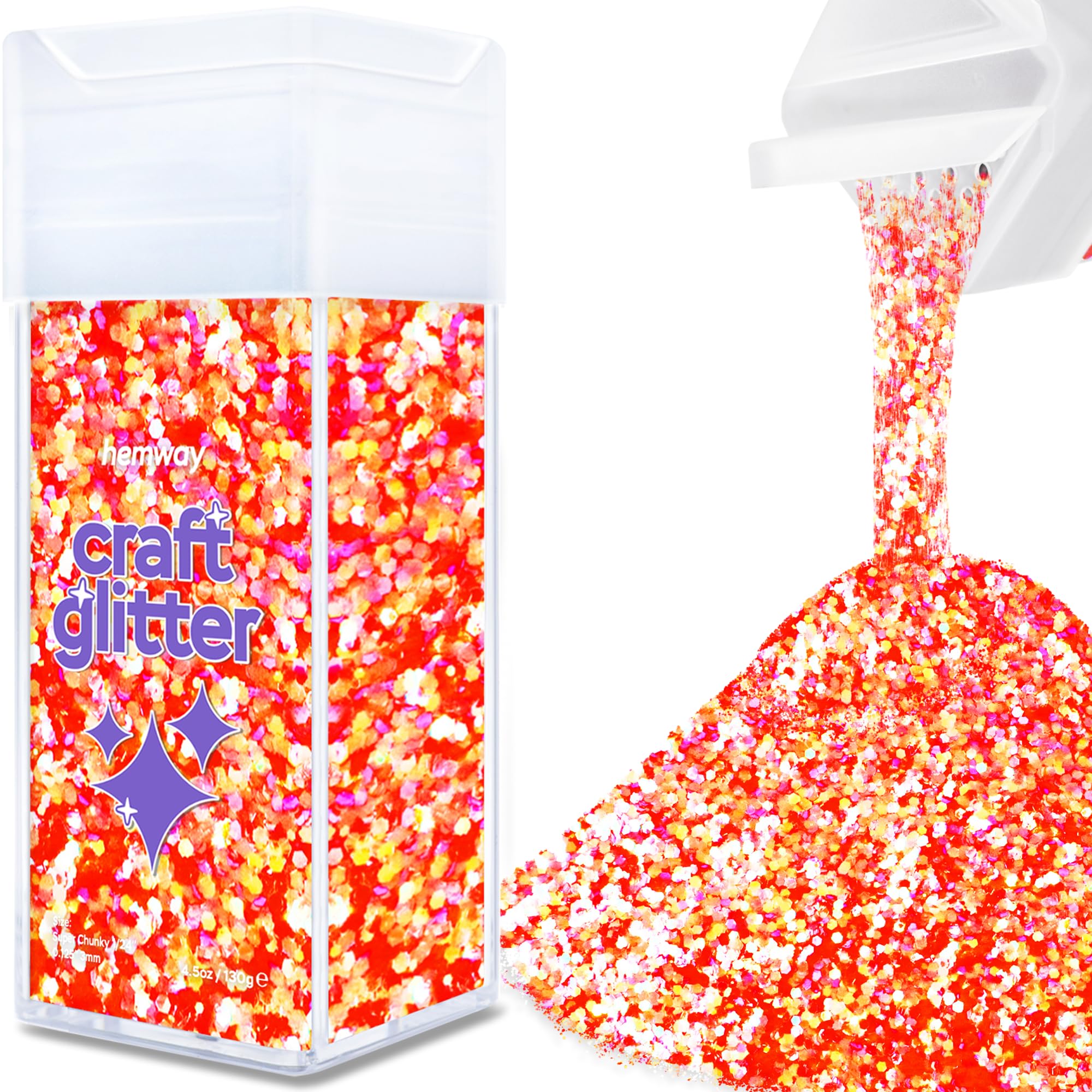 Hemway Glitter Shaker Fluorescent Peach 110g Extra Chunky, Craft Glitter Shaker for Resin & Epoxy Crafts, Christmas Art Supplies, Nail, Body, Face, Eye, Festival, Crafting, Slime, Sparkle