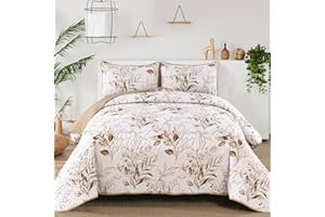 ANIBEDDING Aninbedding Floral Queen Quilt Set,Brown Botanical Bedspread Coverlet Set with 2 Pillowcases,Lightweight Soft Micorfiber Bedding Set for All Season (96’’X90’’)