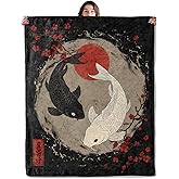 SOMEKLLY Koi Fish Throw Blanket Soft Cozy Lightweight Flannel Blankets with Red Floral and Sun Printed for Adults Bedroom Dorm Office Japanese Ink Style Decor Gifts 50x60 Inch