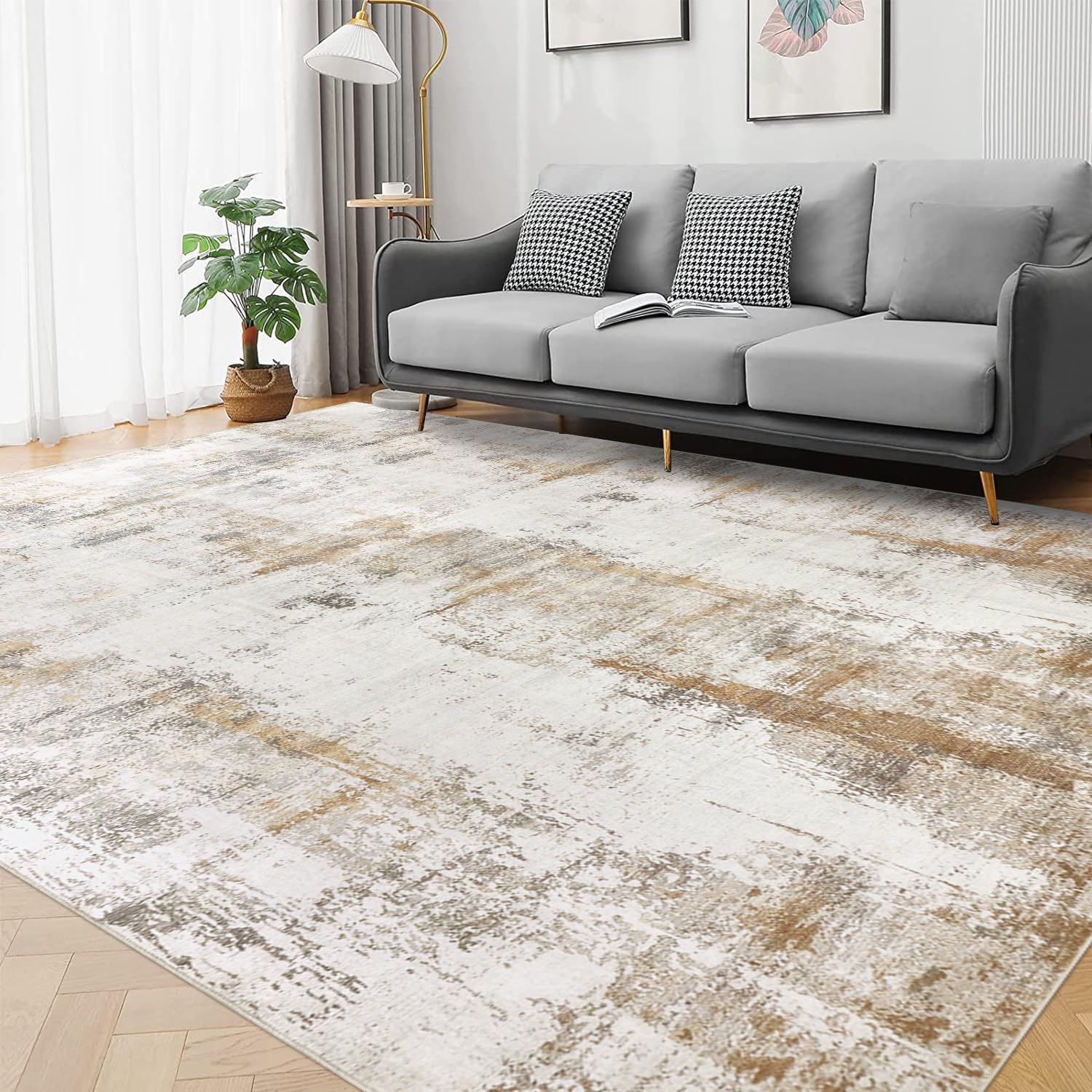Photo 1 of **used***famibay Washable Area Rug 6x9 Modern Living Room Rugs Low Pile Neutral Area Rug for Bedroom Abstract Non Shedding Rubber Backed Area Rugs for Living Room Bedroom Dining Room(Beige/Camel)