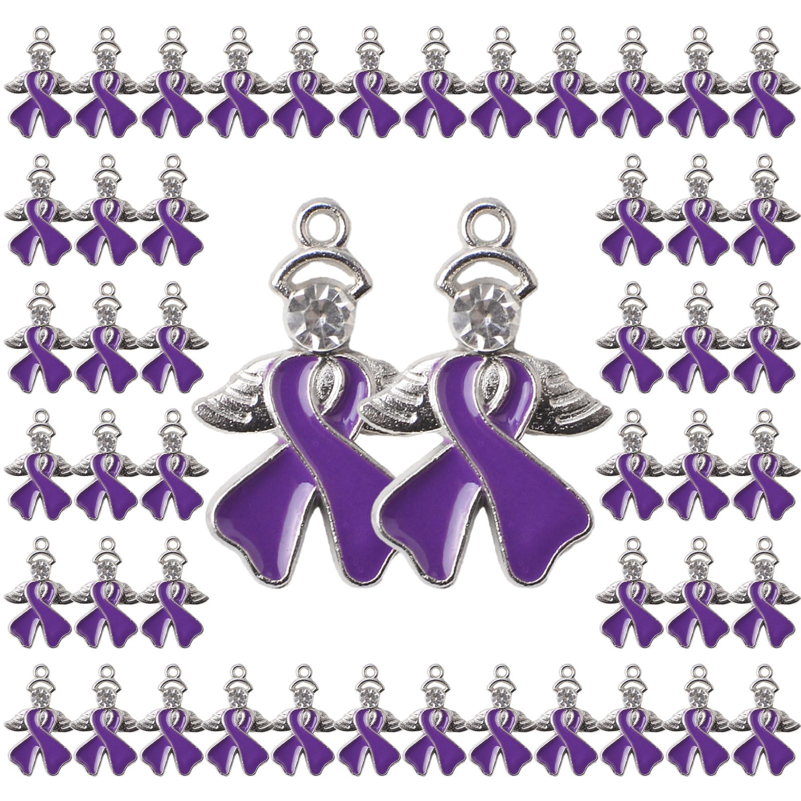 WANDIC 50 Pcs Purple Ribbon Pendants with diamond, Alloy Domestic Violence Awareness Charms with Wings Ribbon Charms Accessories for Jewelry Making
