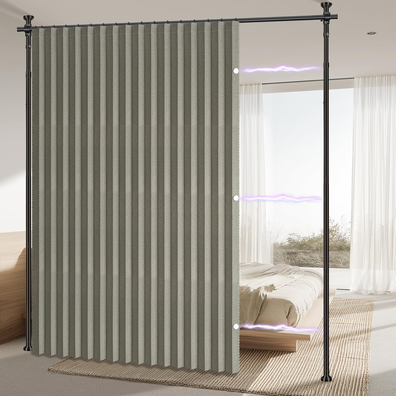 Photo 1 of AJAZZ Privacy Curtains for Room Divider with Blackout & Soundproof (Grey, W100 x L84 in, 1 Panel)+ No Drill Curtain Rods(H) 43-120×(W) 35-100 in, Wall Divider for Bedroom/Studio/Office Curtain