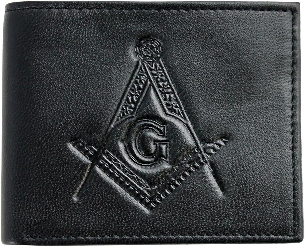Masonic Emblem Genuine Black Leather Wallet RFID Protected w/ 8 Card Slots +