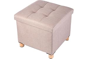 BRIAN & DANY Foldable Storage Ottoman Footrest and Seat Cube with Wooden Feet and Lid, Khaki 15” x15” x14.7”