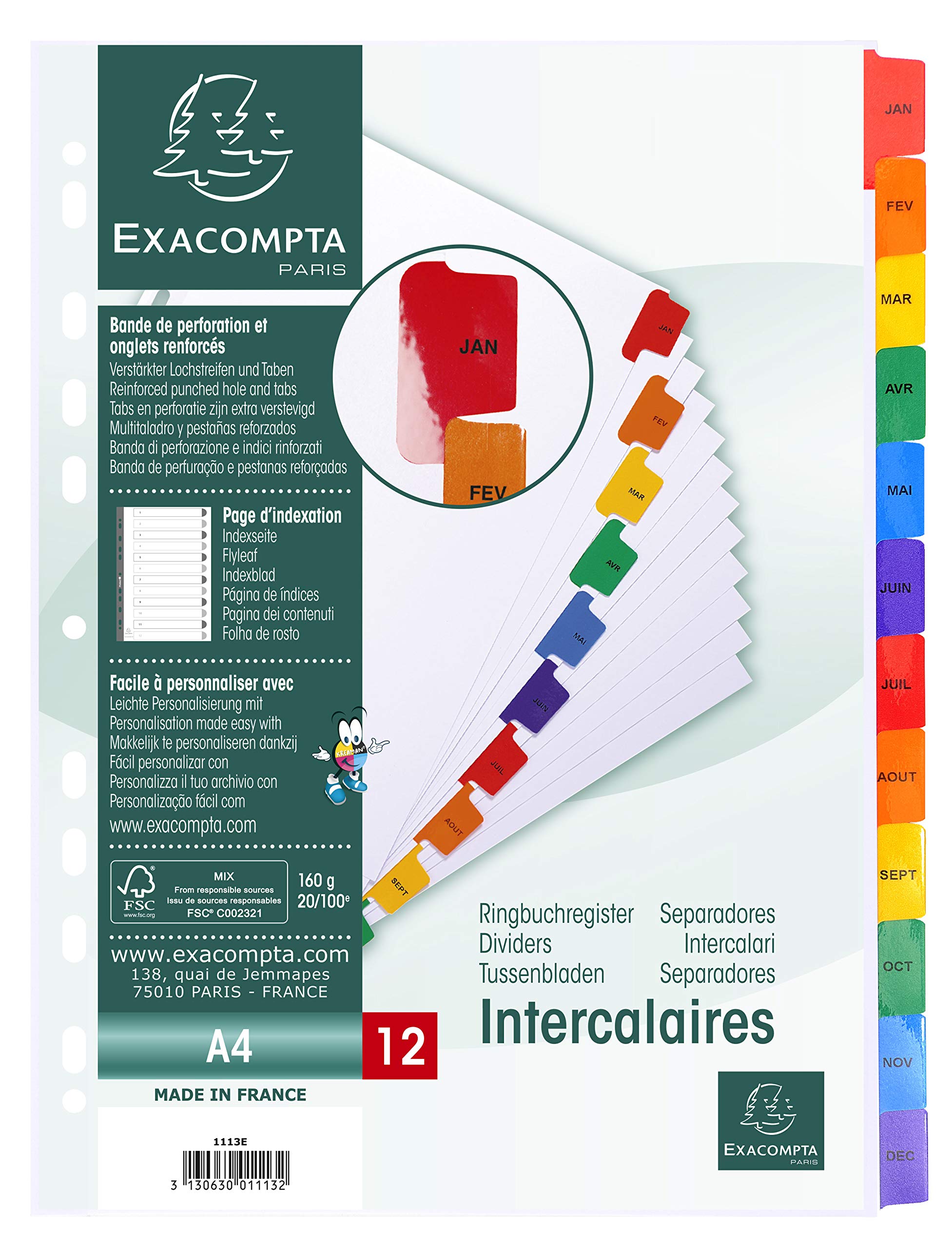 Exacompta - Ref. 1113E - Dividers in white card 160g/m2 FSC® with 12 tabs printed monthly from January to December in colour - Printable indexing page - Format to file A4
