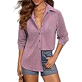 siliteelon Striped Button Down Shirts for Women Long Sleeve Collared Blouses Dressy Casual Knitted Trendy Cute Tops