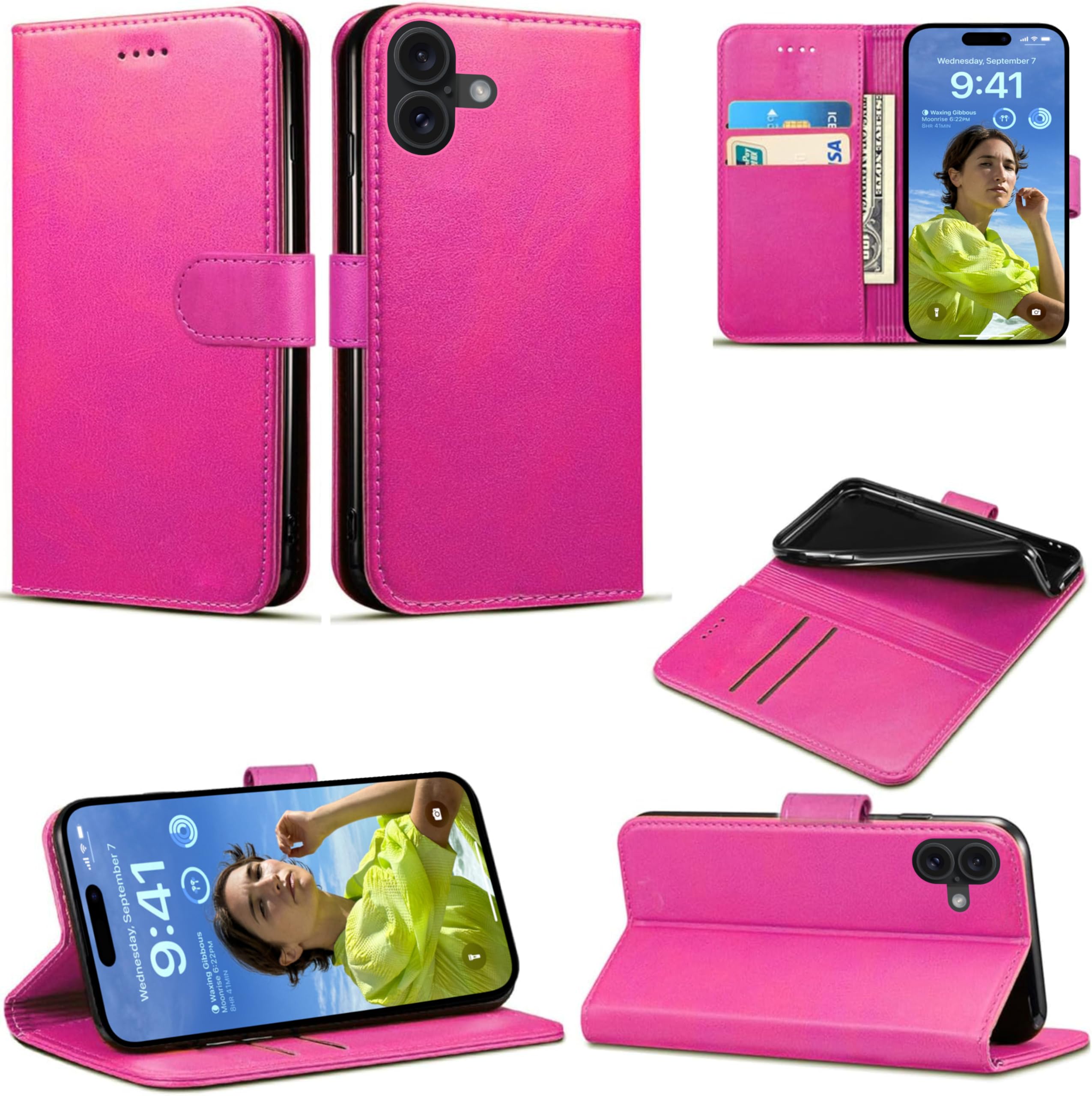 EKAM PU Leather Case for iPhone 16 6.1-Inch, Premium PU Leather Wallet Case Flip Phone Cover with [Card Holder][TPU Inner Shell] for iPhone 16 2024 (Pink)