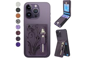 Lacass Card Holder Zipper Kickstand Phone Stick on Wallet for Back of Phone Pouch Adhesive for iPhone/Samsung/Moto/BLU/Nokia and Most Phones(Floral Midnight Purple)