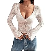 GORGLITTER Women's Lace Bell Long Sleeve Floral Sheer Mesh Deep V Neck Slim Dressy Going Out Tops