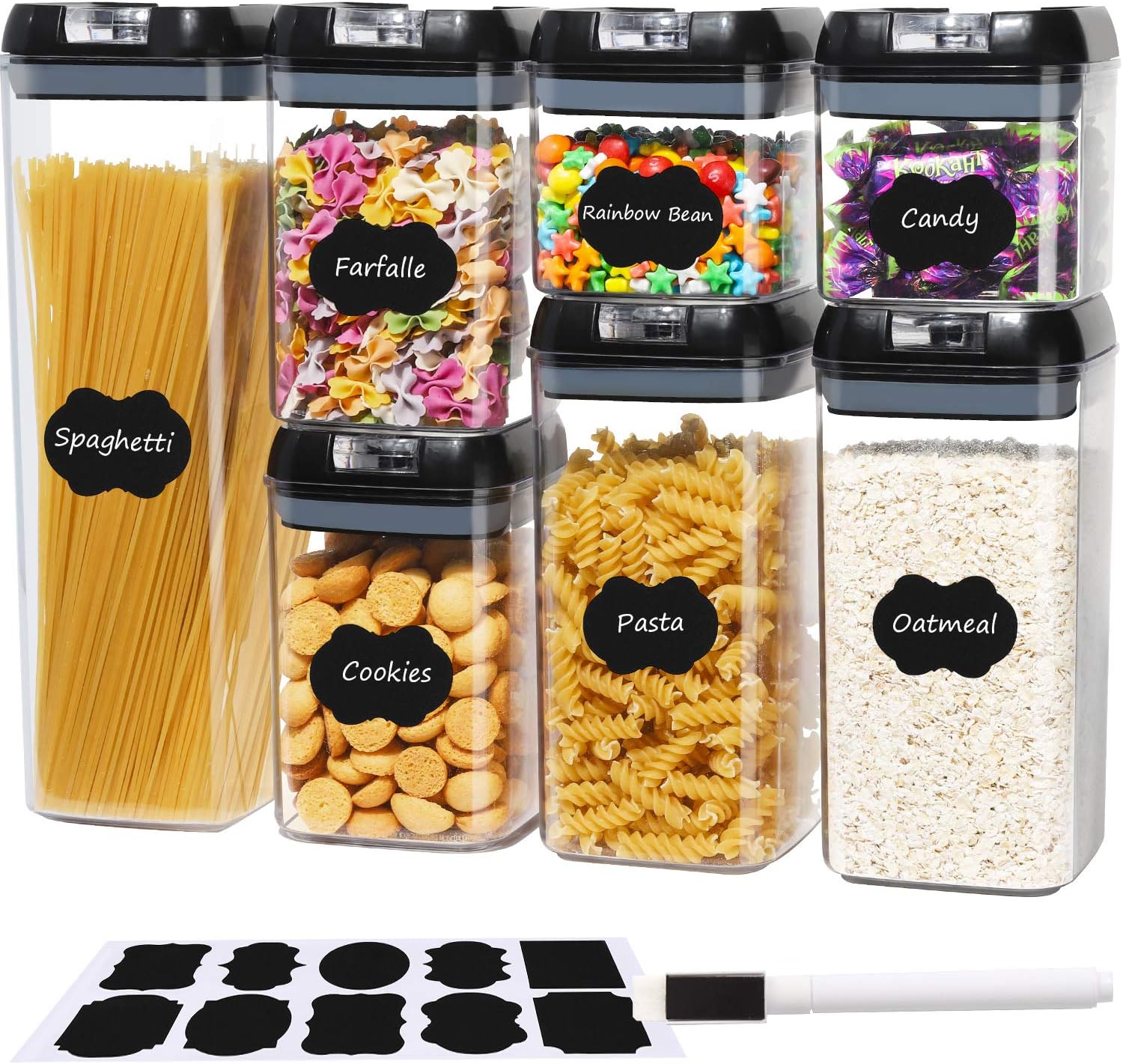 TIANGR Airtight Food Storage Containers Set 7Pcs - BPA Free Plastic Cereal & Dry Food Canister With Easy Lock Lids - Kitchen Pantry Storage for Snacks,Spaghetti,Bean - Include Labels & Marker