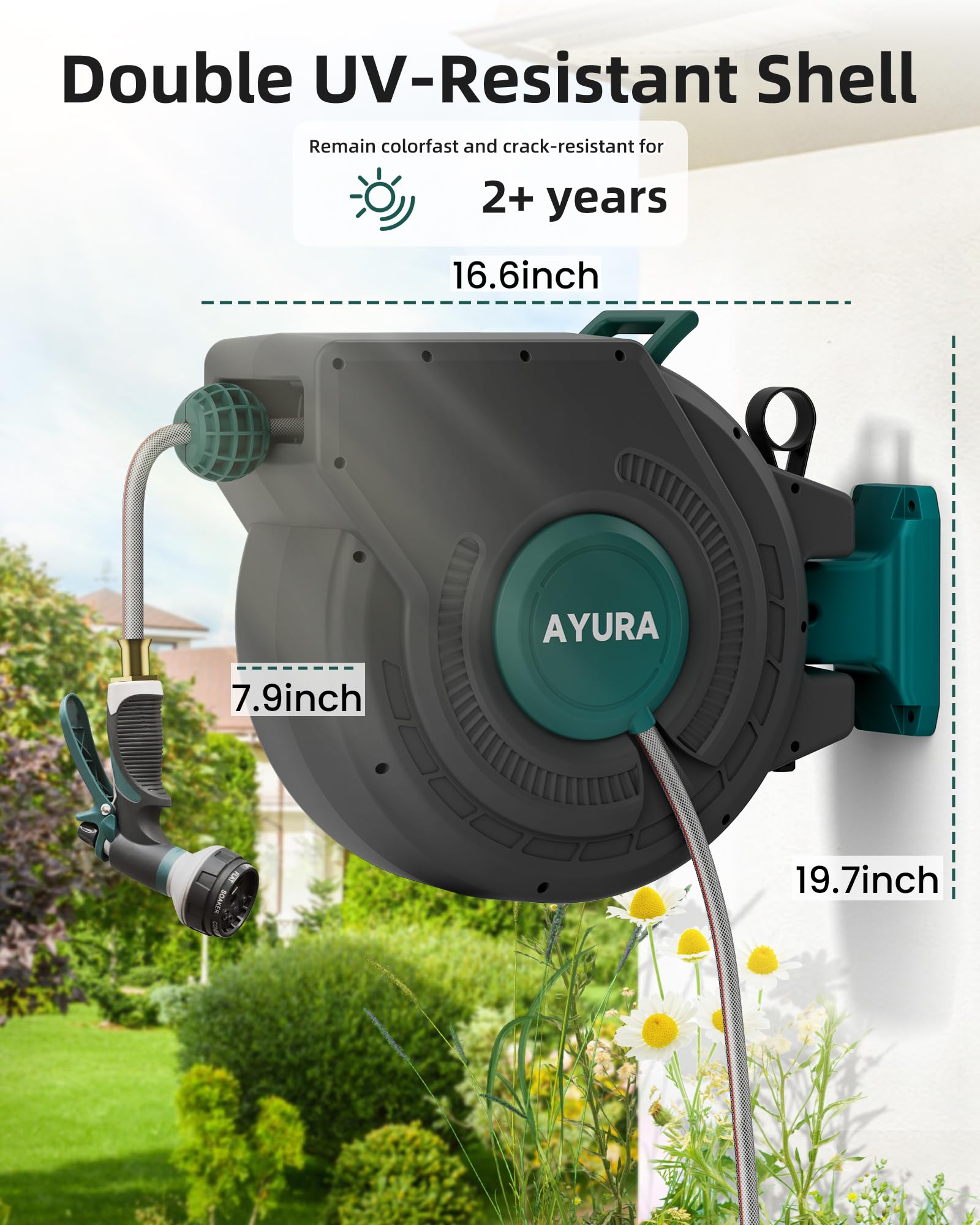 AYURA Retractable Garden Hose Reel 100 ft x 1/2 inch with Pro Metal Shaft, Heavy Duty Automatic Garden Hose Reels with Kink-Free Rewind and Lock at Any Length, Wall Mount Water Hose Reel for Outside