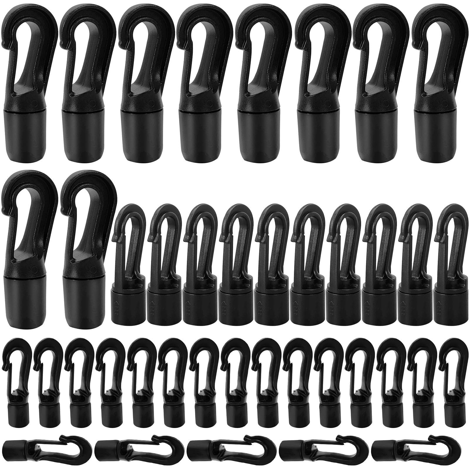 40 Pcs Bungee Cord End Hooks, Open Hooks for Kayaks, Fixed End Tabbed S Hooks for Kayaks, Black Plastic Shock Cord End Snap Hooks, Open Hooks Hard Plastic for Kayaks, Auto, Boats (5, 8, 10 mm)