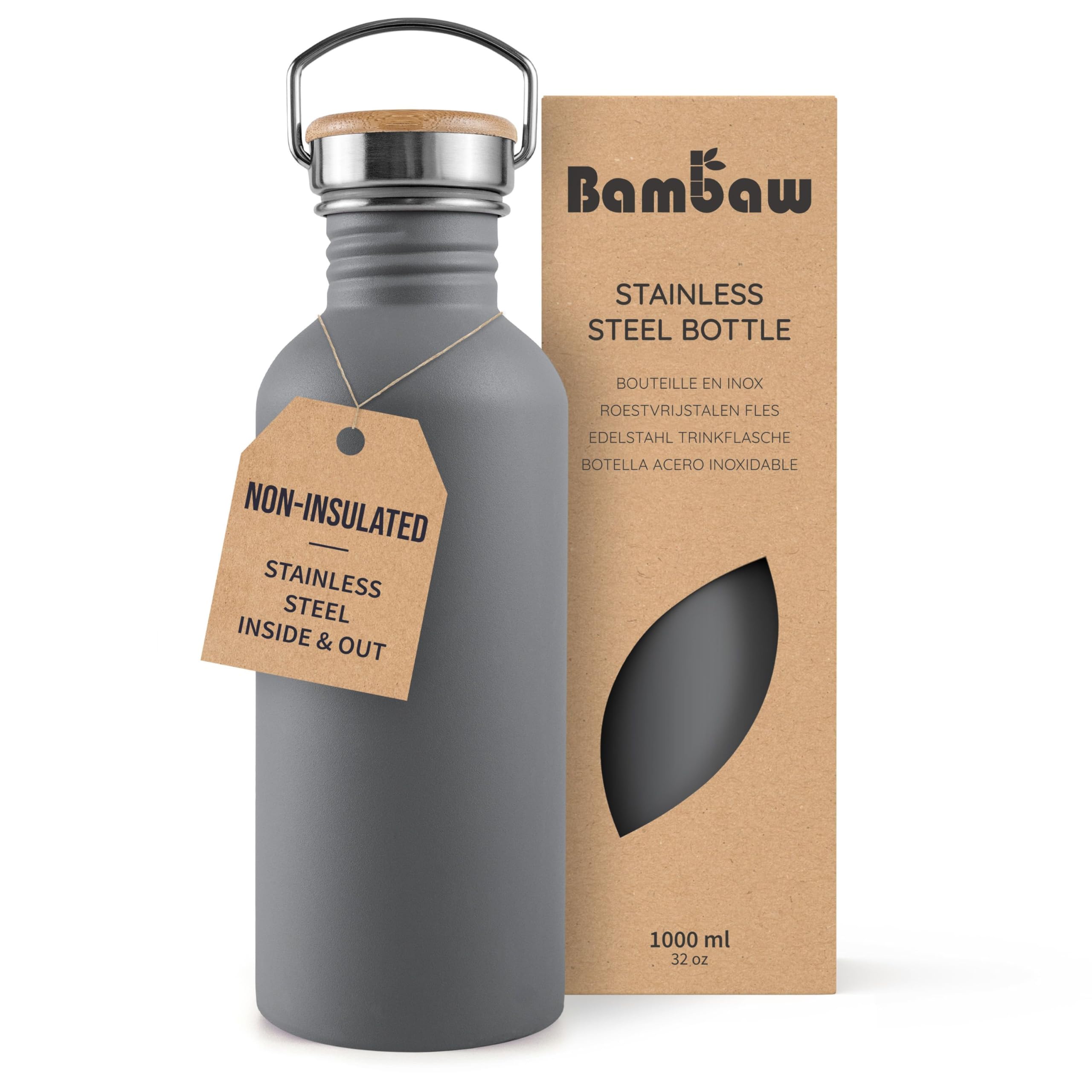 Bambaw 32 oz Non-insulated Stainless Steel Gray Metal Water Bottle - Reusable & Portable, BPA Free - Stormy Gray