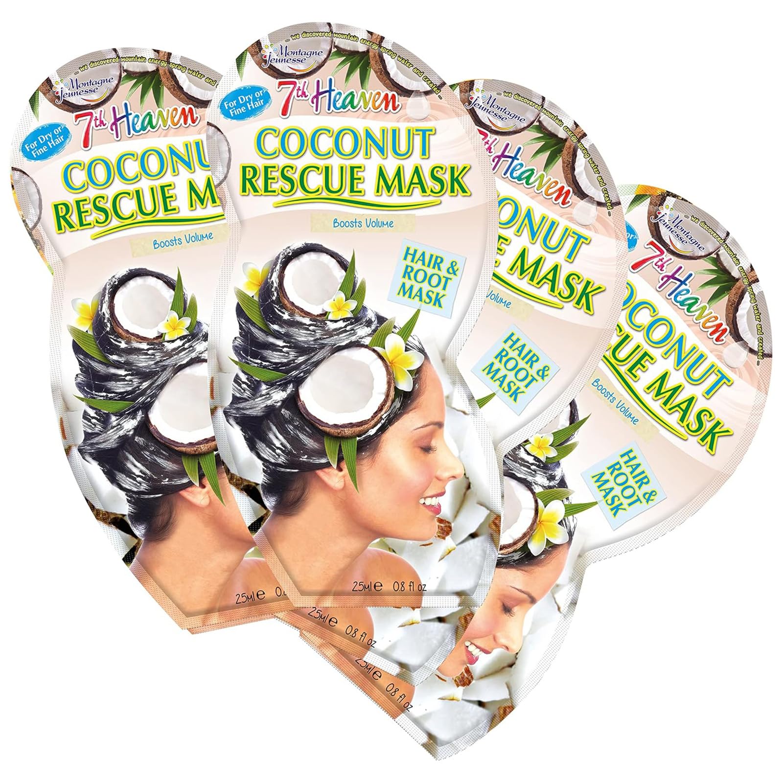 7th Heaven Coconut Hair Mask (Pack of 4) – Deep Conditioning Hair Treatment for Dry or Damaged Hair – Strengthens Roots, Boosts Volume & Shine – 5 Minute Hair Mask, Vegan Friendly.