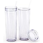 Maars Skinny Acrylic Tumbler with Lid and Straw | 18oz Premium Insulated Double Wall Plastic Reusable Cups - Clear, 2 Pack