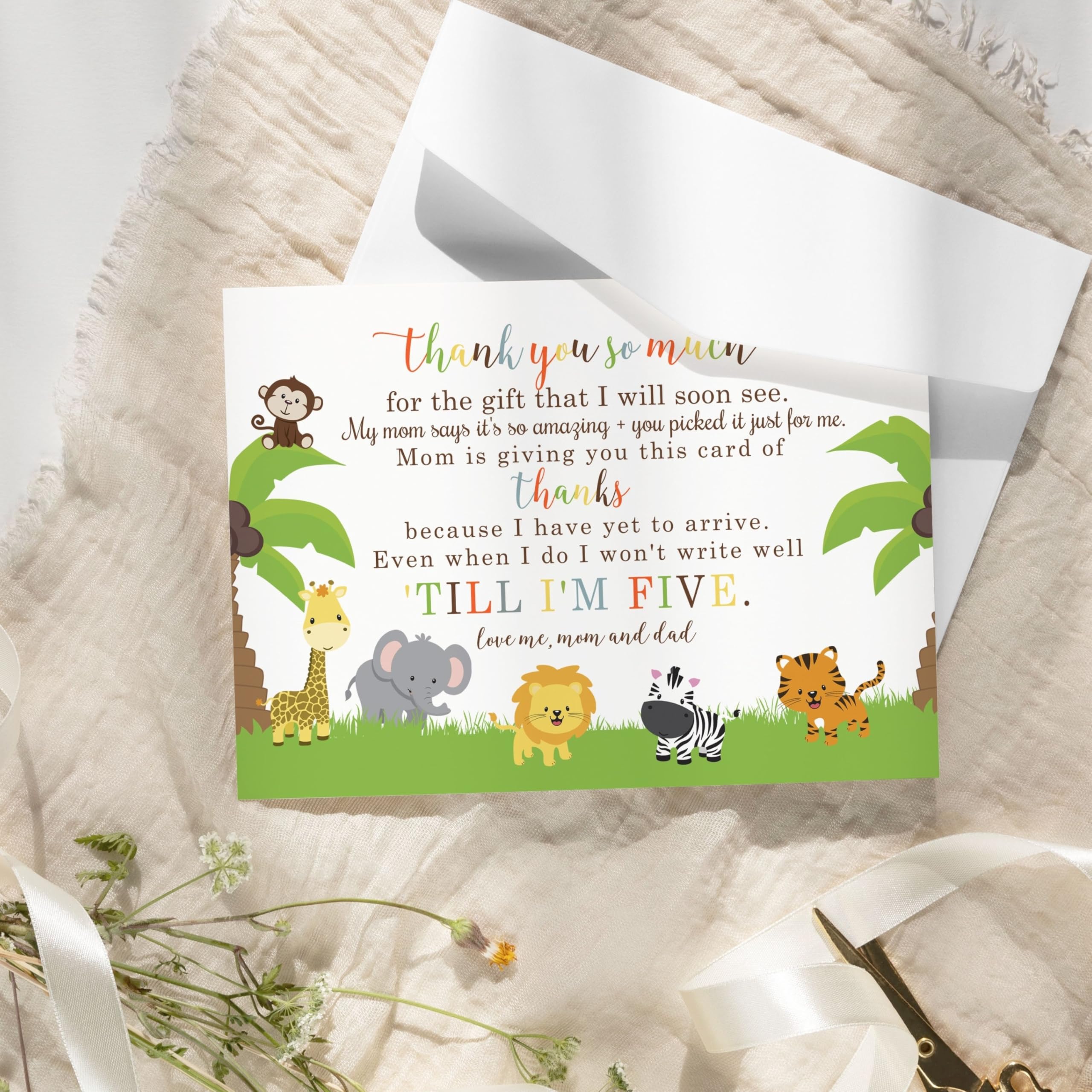 Cute Jungle Baby Shower Thank You Cards with Envelopes (25 Pack) Preprinted Message from Baby Boys or Girls with Customizable Space for Handwritten Note from New Parents, 4x6 Double-Sided Card