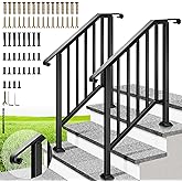 VIVOHOME 3-Step Hand Rails for Outdoor Steps with Curved Ends and Balusters | 2-Pack, Galvanized Steel, Exterior Railing Kit for Porch, Deck, or Indoor Stairs (Black)