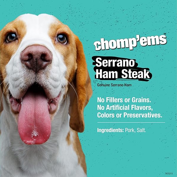 RUFFIN’ IT CHOMP’EMS SERRANO HAM STEAK, 1 PACK – HEALTHY, PROTEIN RICH TREATS FOR DOGS – LONG LASTING DOG CHEWS