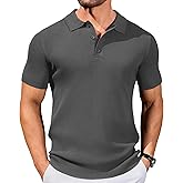 COOFANDY Men's Knit Polo Shirts Summer Button Down Shirts Crochet Classic Polo Sweaters Collared Shirts Darkgrey 3XL