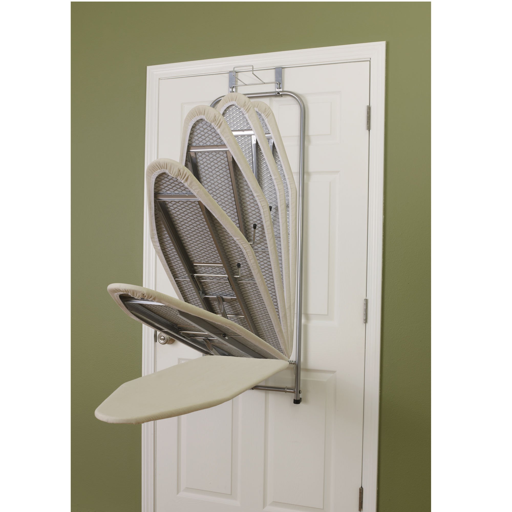 Household Essentials 144222 Over The Door Small Ironing Board with Iron Holder, Natural Cotton Cover Silver