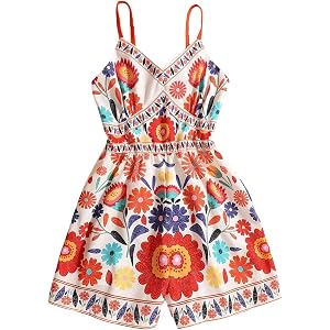 GORGLITTER Girl's Summer Romper Floral Boho Sleeveless Wide Leg Short Jumpsuits Beach Vacation Cruise Resort Outfits
