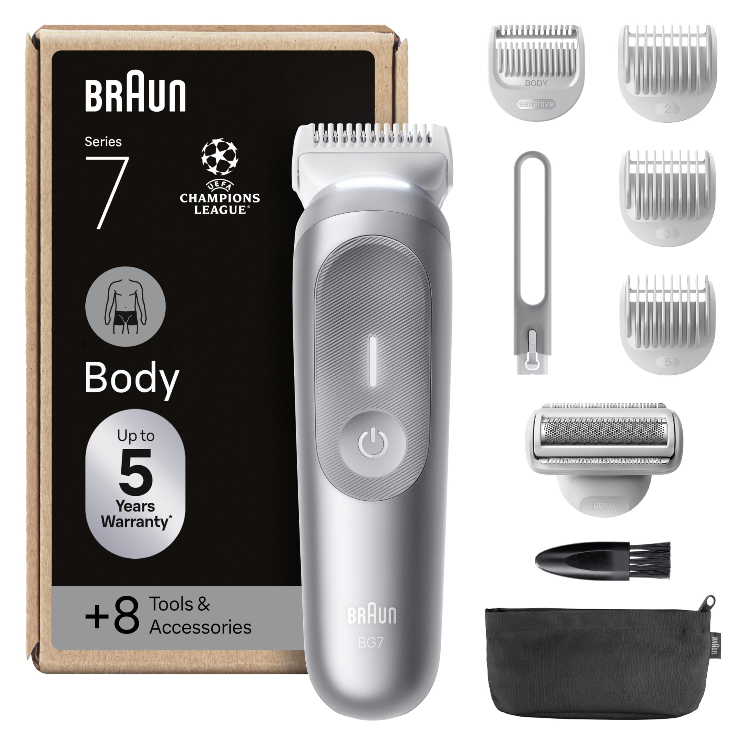 Braun Bodygroomer Series 7, Elektrischer Körperrasierer Herren mit 8 Zubehörteile, Kabelloser Trimmer für Intimbereich und Körper, 100 Min Akku, Wasserdichter Körperhaartrimmer, BG7555, Grau