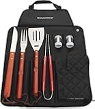 8 Pcs Stainless Steel BBQ Grill Tool Set with Hard Wood Handle in Fold-n-Snap Apron Storage - Outdoor Barbecue Grill Accessories Kit Set for Men with Gift Package - by ROMANTICIST