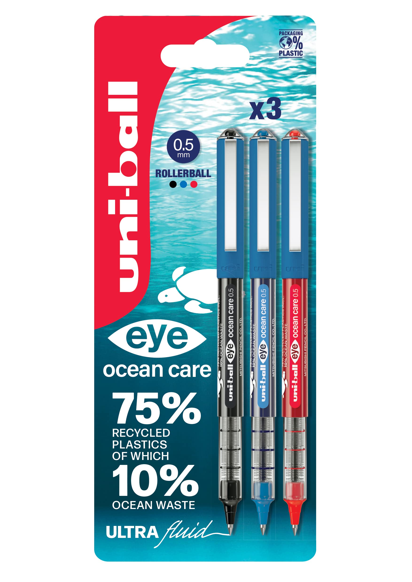 uni-ball Eye Ocean Care UB-150ROP Rollerball Pens. Micro 0.5mm Ballpoint Tip for Smooth Writing, Drawing, Art & Colouring. Fade and Water Resistant Liquid Uni Super Ink. 3 Pack Black, Blue, Red — image 1