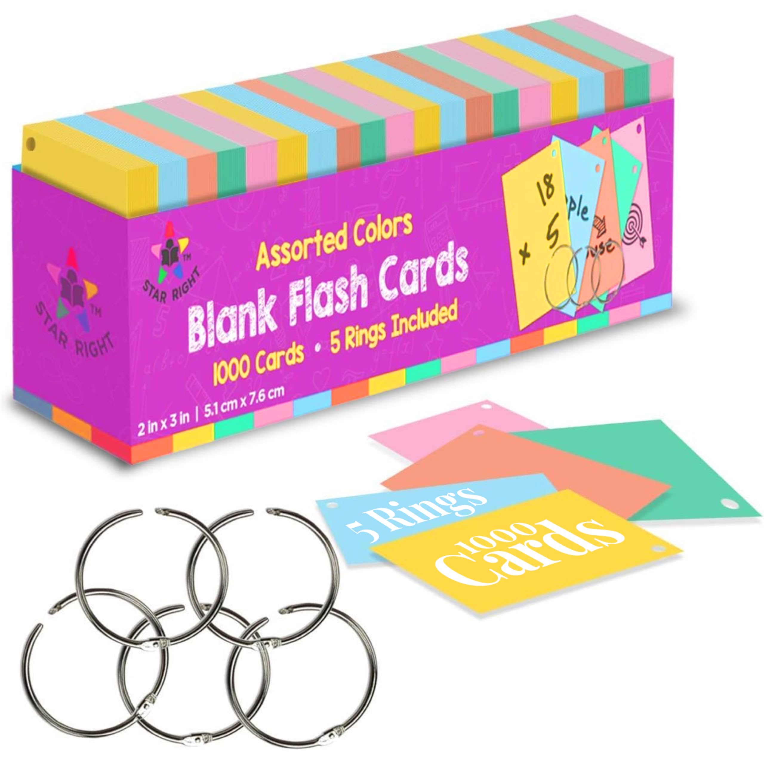 Photo 1 of Star Right Assorted Colored Blank Flash Cards - 1000 Pre-Punched 2 x 3 Inch Index Notecards with Metal Rings - Blank Study Cards for School, Office and Organization Projects