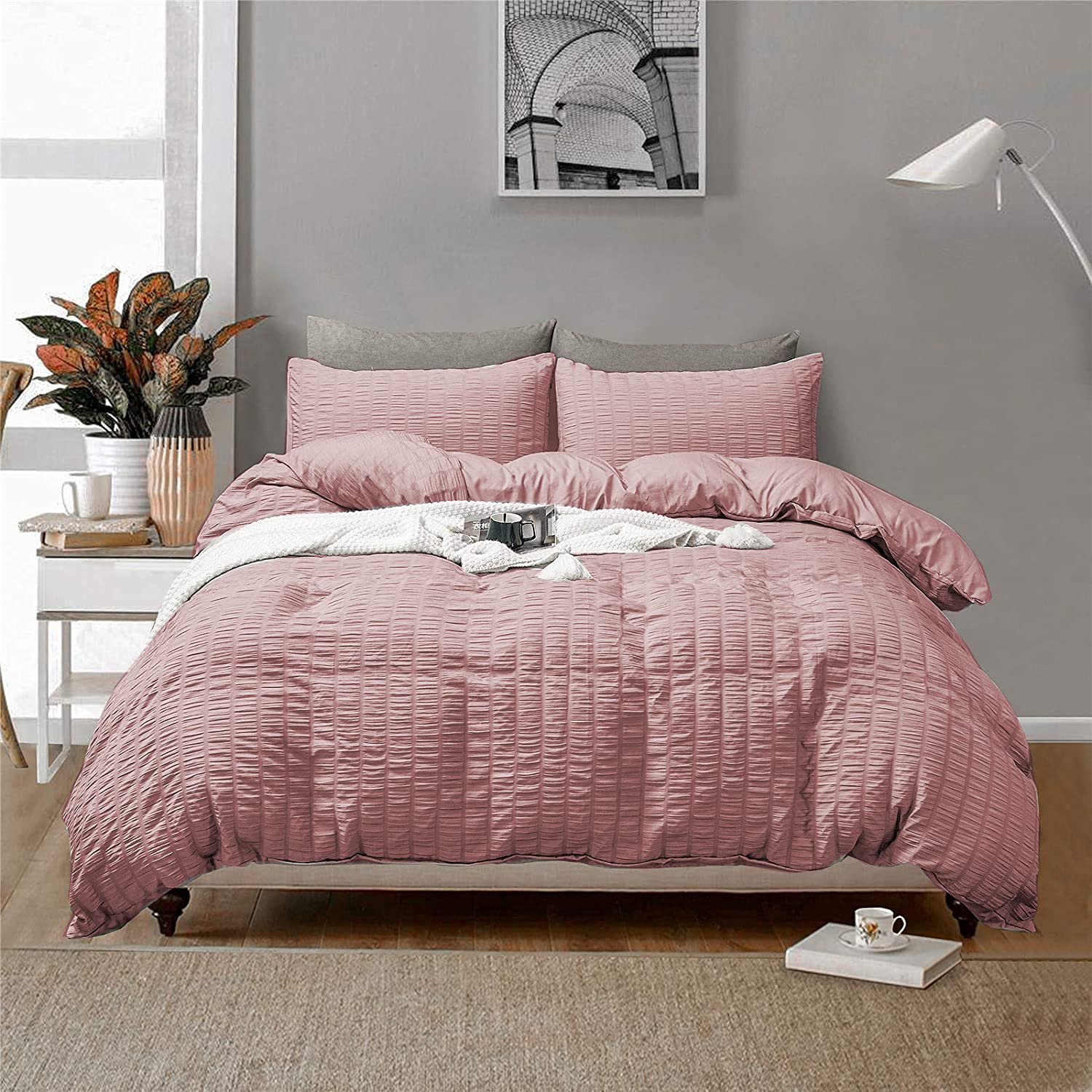 Seersucker Duvet Cover with Pillow Cases 100% Cotton Waffle Quilt Covers Pink Charcoal Silver Grey White Bedding Sets Double Super King Bed Set (Pink, Super King)