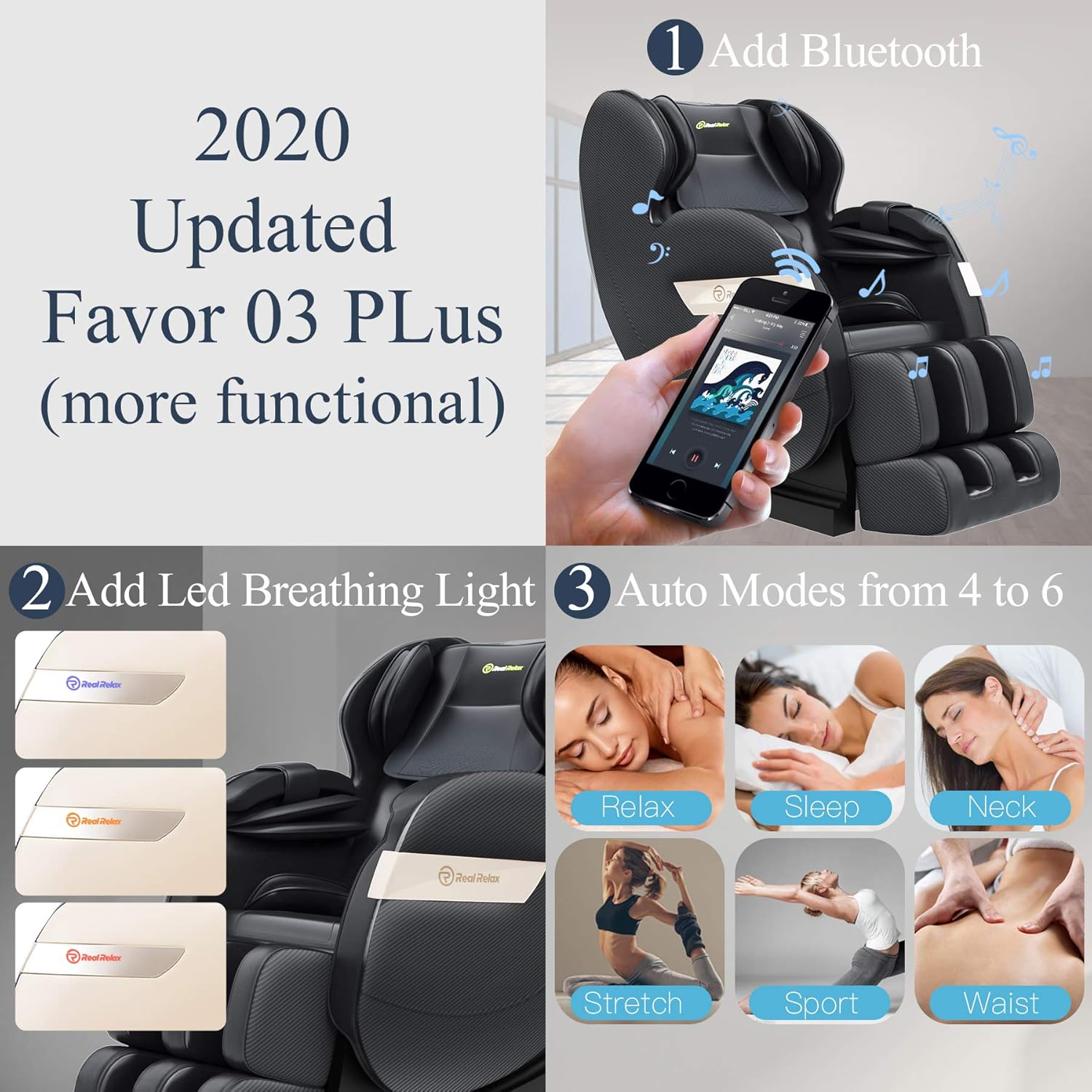Real Relax 2020 Massage Chair, Full Body Zero Gravity Shiatsu Recliner with Bluetooth and Led Light, Black: Kitchen & Dining