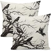 Yxuiyal Halloween Pillow Covers 18x18 inch Set of 2 Black Crows Branch Decorative Farmhouse Throw Pillow Covers Outdoor Halloween Decor Cushion Case for Couch Home Sofa Decortions