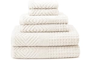 TEXERESILK Texere 100% Organic Cotton Diamond Jacquard Luxury Bath Towel Sets - Soft and Absorbent Hotel and Spa Quality - 2 Large Bath Towels, 2 Hand Towels, 2 Washcloths (Diamond, Cream, 6 Piece)