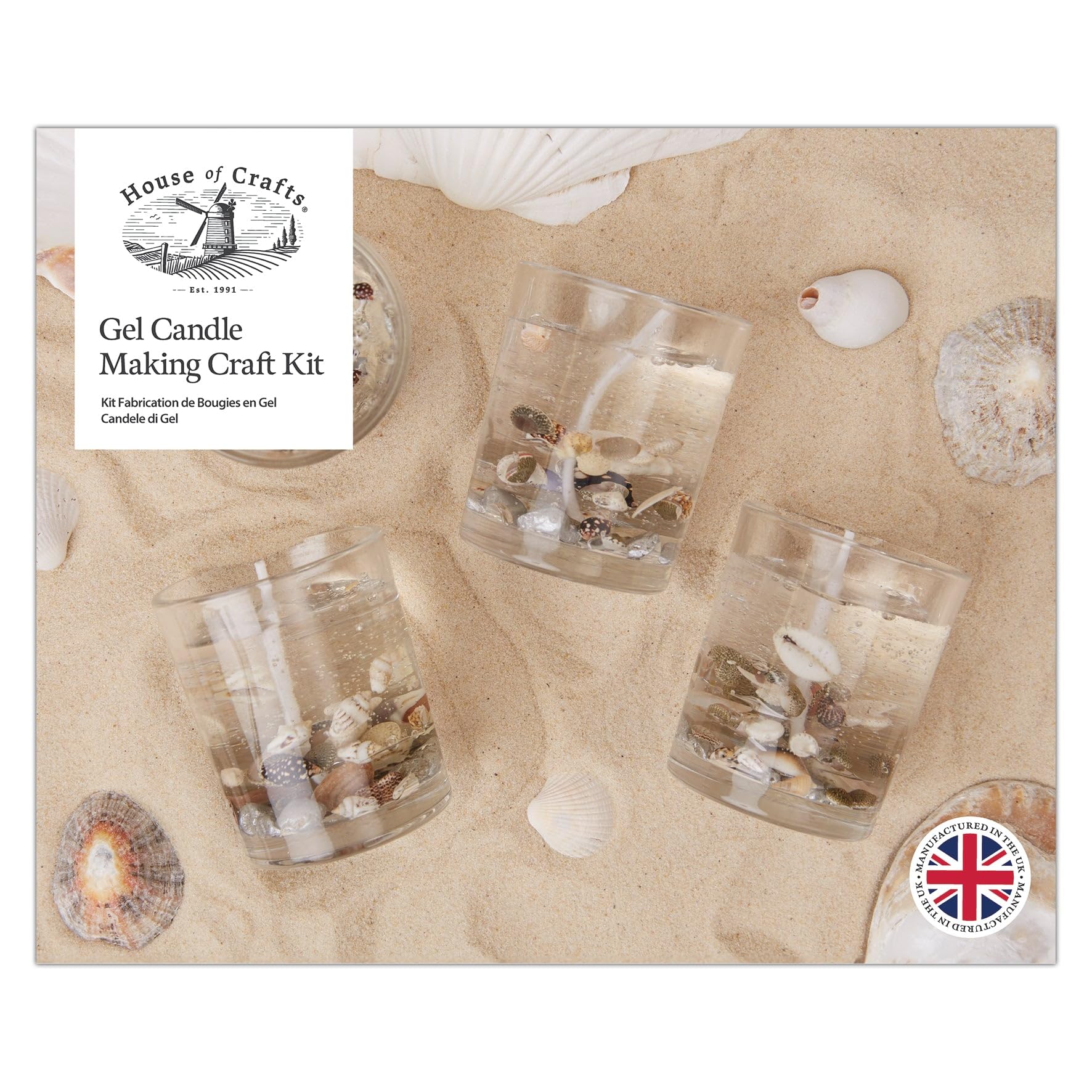 House of Crafts Gel Candlemaking Craft, Single Craft Kit Set, Clear, Includes Gel Wax, 4 Glass Containers, Shell Selection, Silver Pebbles, Instructions