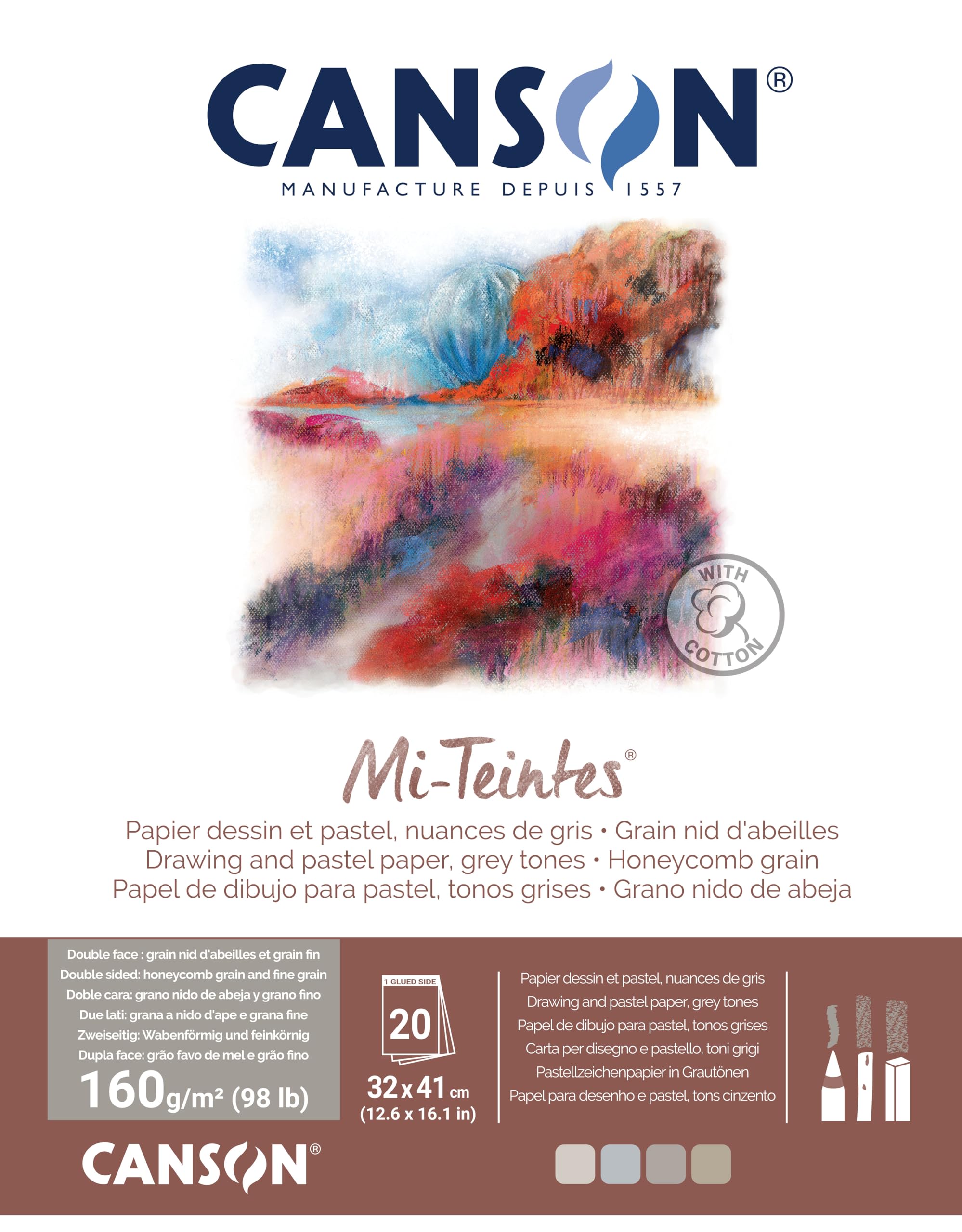CANSON Mi-Teintes Coloured Drawing 160gsm 32x41cm Paper, Double Sided: Honeycomb & Fine Grain, Pad Glued Short Side, 4 Grey Tones, 20 Sheets, For Professional Artists & Illustrators
