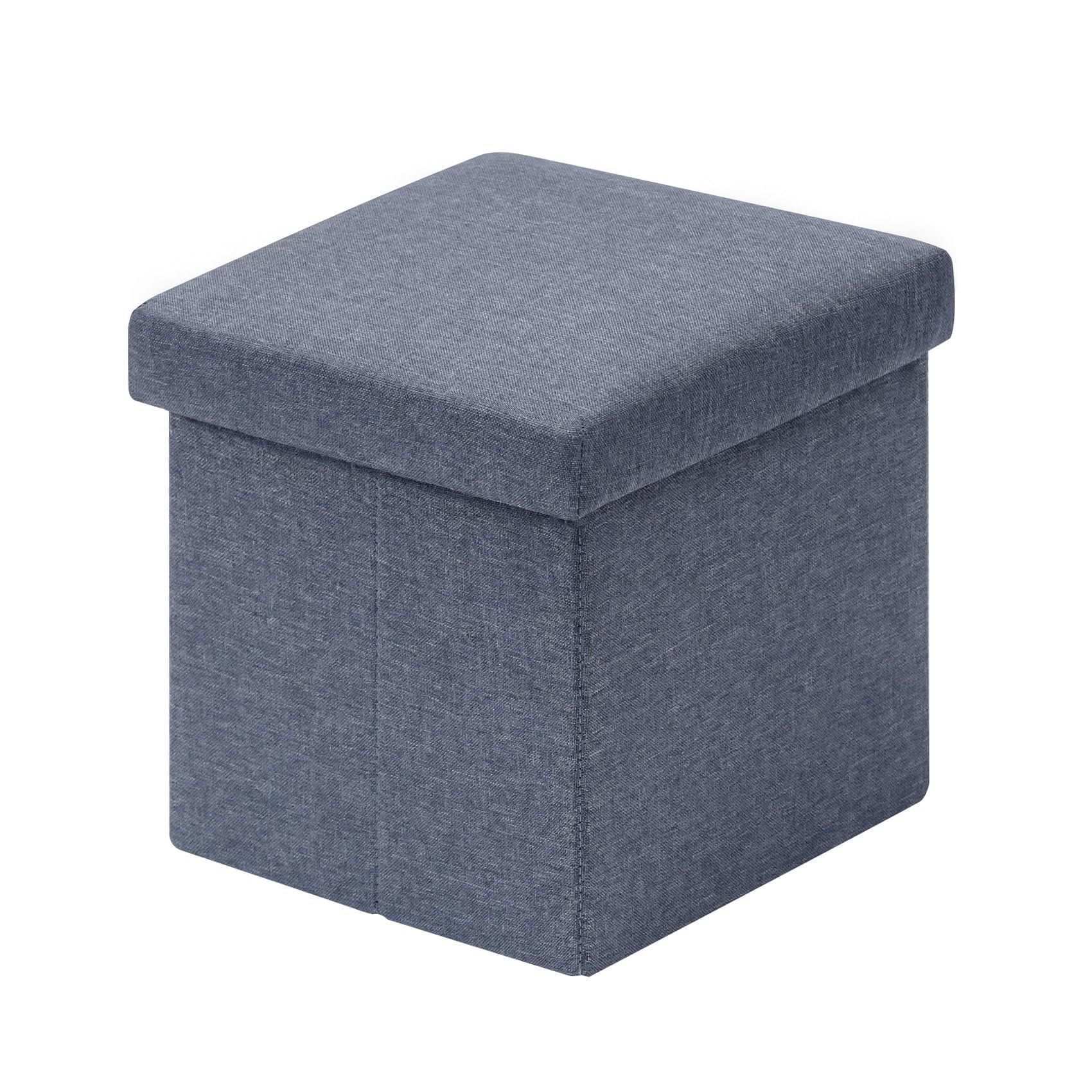 Bonlife Blue Linen Fabric Folding Small Ottoman Storage Box,Footrest Seat Cube Footstool and pouffes Toy Chest Box with Lid for Living Room 30cm — image 1