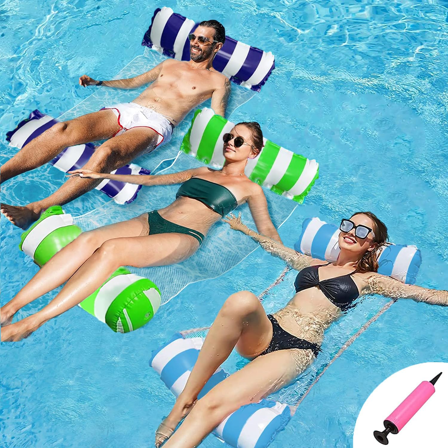 3 Pack Pool Float Water Hammock,Inflatable Swimming Pool Float Hammock for Adults, 4-in-1Multi-Purpose Water Floating Chair Bed Raft Recliner Float Lounger Float Hammock with Infloator Pump Blue+green