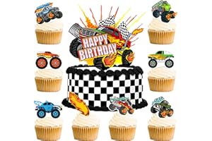 Haxpacal Truck Cake Topper, 49pcs Monster Car Theme Birthday Party Supplies, Red, Green, Blue Cake Decorations for Kids Birthday, Baby Shower Party Decorations