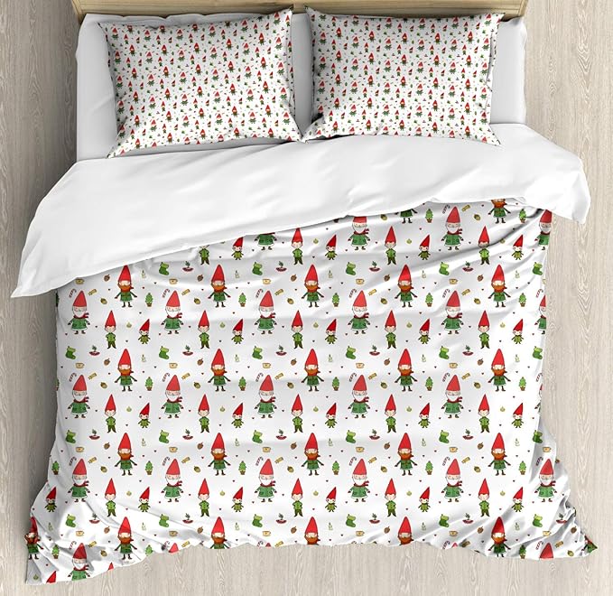 Gnome Bedding Sets, Cartoon Style Repetitive Elf Candy Canes, 3 Piece