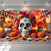 BlissYard Day of the Dead Banner Flowers Papel Picado Decorations 71 x 43 | Dia de los Muertos Banner Sugar Skull Mexican Photo Backdrop for Home Party Photo Booth Marigold Flowers