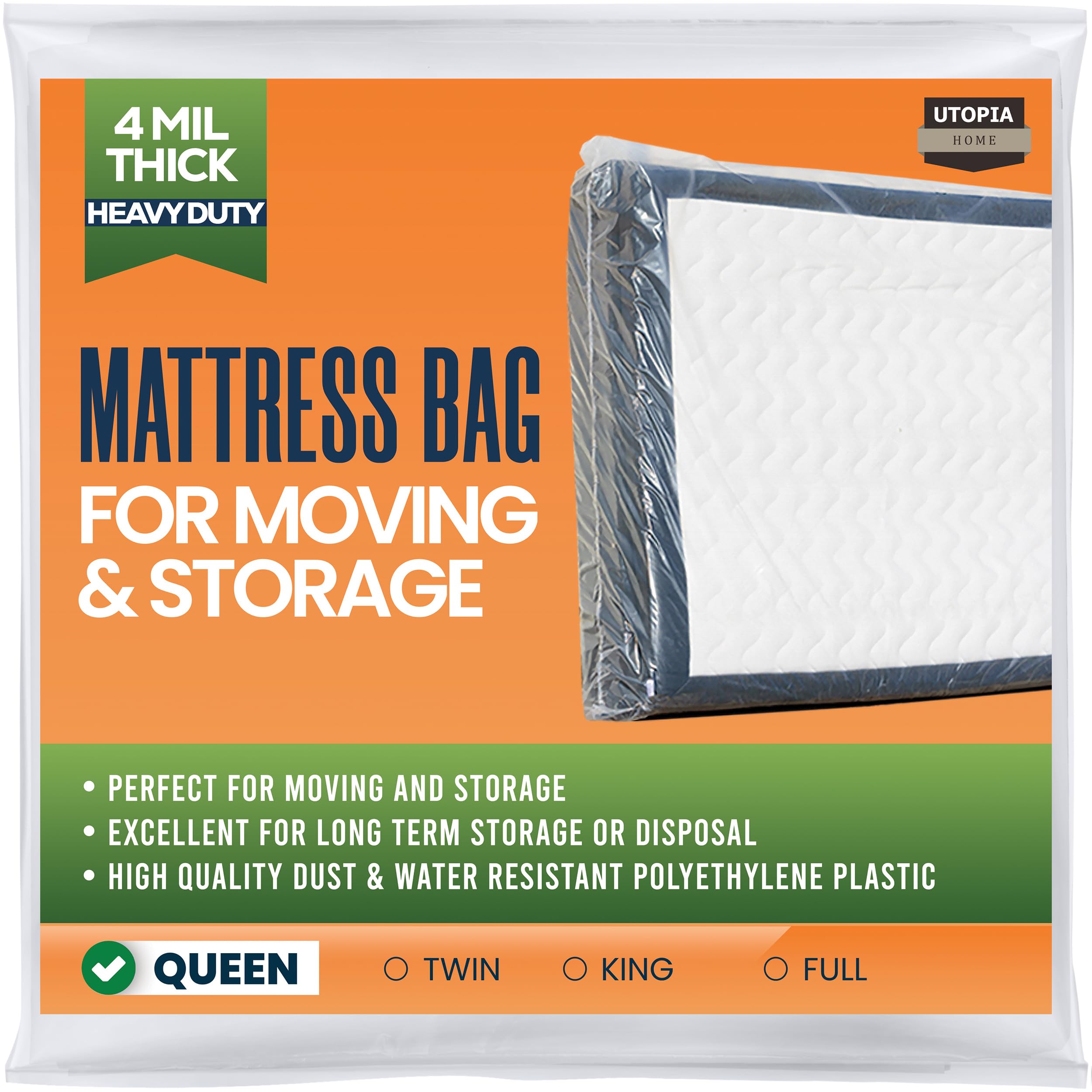 Photo 1 of Utopia Home Queen Size Mattress Bag for Moving, 4 Mil Heavy Duty Plastic Storage Bag, Mattress Encasement Cover Fits Mattresses up to 14 Inches