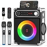 Máquina de Karaoke JYX com dois microfones sem fio, alto-falante Bluetooth portátil com ajuste Bass/Treble, controle remoto e