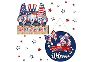 CHITIDR 2 Pcs 4th of July Welcome Sign Decorations Patriotic Gnomes Wooden Signs Star American Flag Large Hanging Decor for Independence Day Party Memorial Day Outdoor Home Front Door Window Wall Ornament