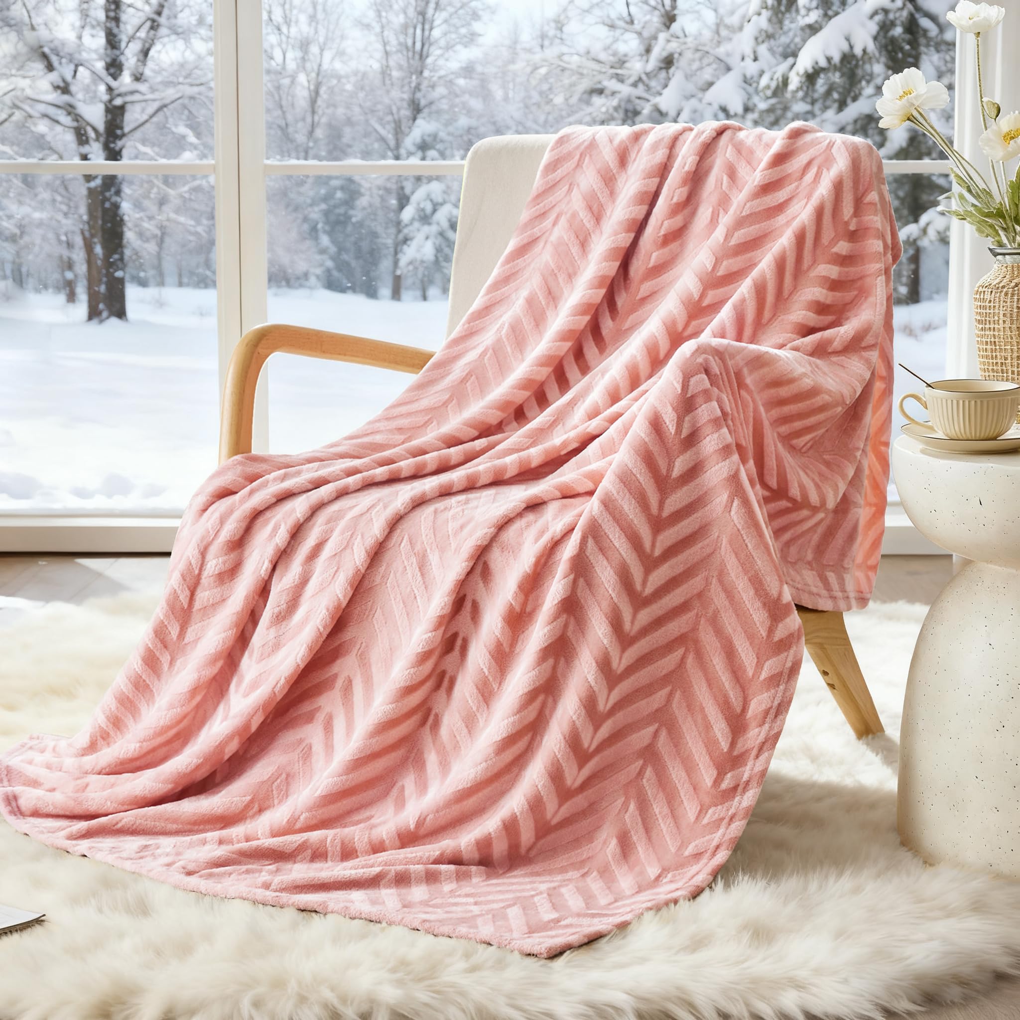 Whale Flotilla Flannel Fleece Throw Blanket for Sofa, 130x150 CM Soft Fluffy Velvet Sofa Blanket with Decorative Chevron Pattern for All Season, Warm and Lightweight, Pink