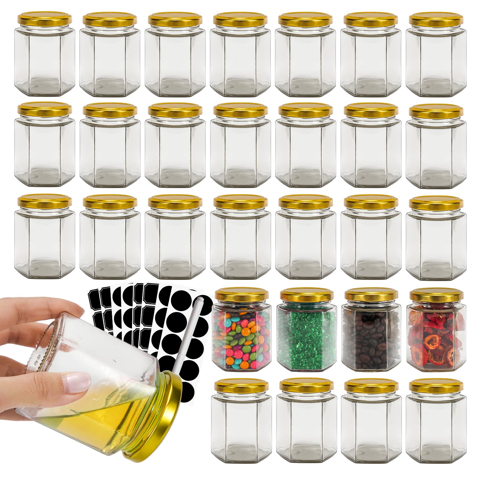 Photo 1 of BIGIVACA 30 Pack 6 oz Hexagon Glass Jars with Gold Lids,Glass Canning Jars with Labels,Perfect for Baby Shower,Wedding Favors,Party Favors